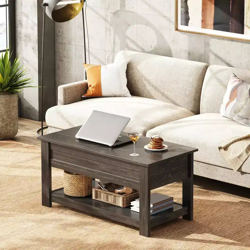 Table basse relevable avec compartiment de rangement caché et étagère, 1 personne, Espresso/Greige/Rouge-brun/Brun rustique
