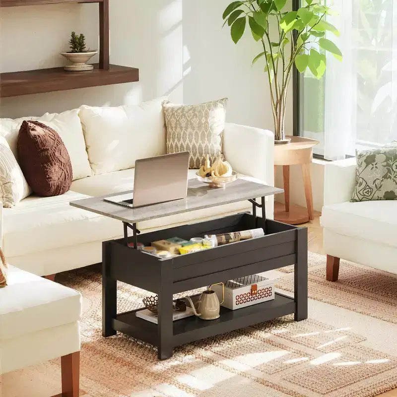 Table basse relevable avec compartiment de rangement caché et étagère, 1 personne, Espresso/Greige/Rouge-brun/Brun rustique