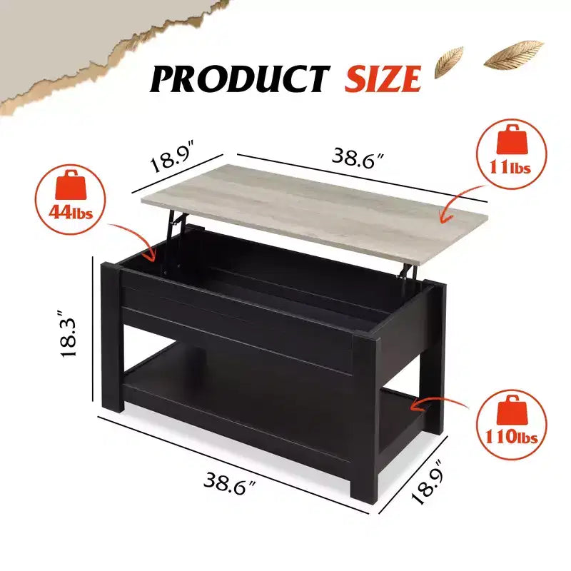 Table basse relevable avec compartiment de rangement caché et étagère, 1 personne, Espresso/Greige/Rouge-brun/Brun rustique