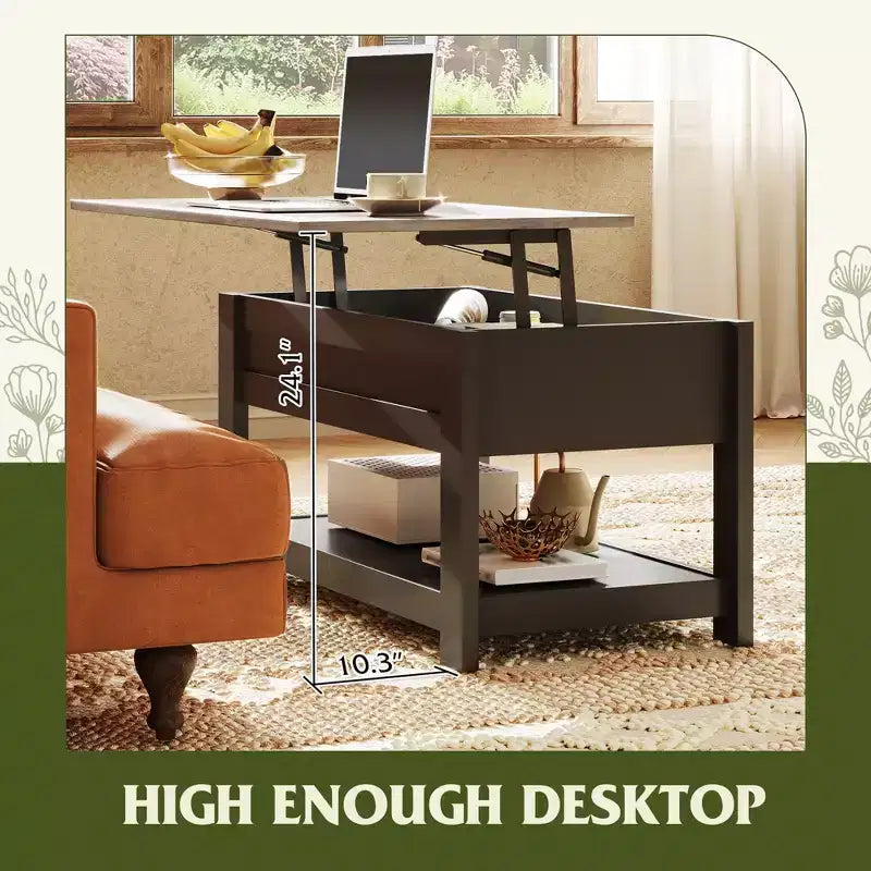 Table basse relevable avec compartiment de rangement caché et étagère, 1 personne, Espresso/Greige/Rouge-brun/Brun rustique