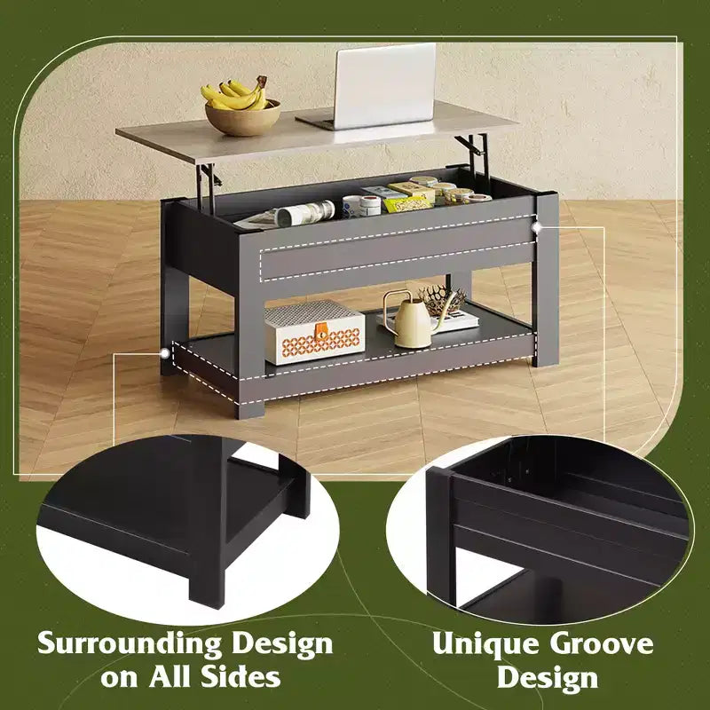 Table basse relevable avec compartiment de rangement caché et étagère, 1 personne, Espresso/Greige/Rouge-brun/Brun rustique