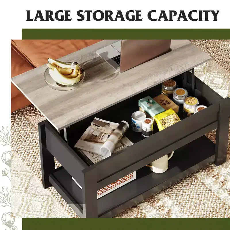 Table basse relevable avec compartiment de rangement caché et étagère, 1 personne, Espresso/Greige/Rouge-brun/Brun rustique