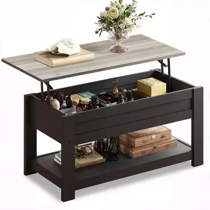 Table basse relevable avec compartiment de rangement caché et étagère, 1 personne, Espresso/Greige/Rouge-brun/Brun rustique