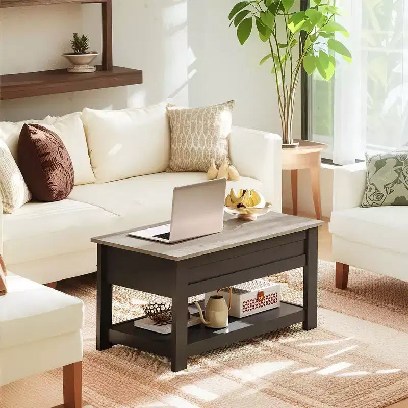 Table basse relevable avec compartiment de rangement caché et étagère, 1 personne, Espresso/Greige/Rouge-brun/Brun rustique