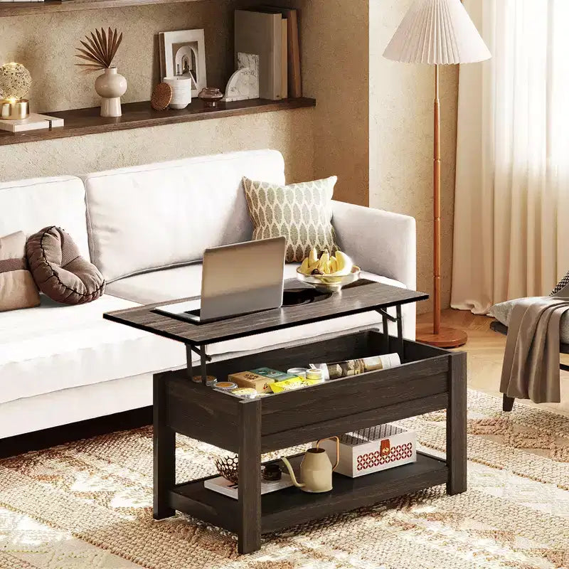 Table basse relevable avec compartiment de rangement caché et étagère, 1 personne, Espresso/Greige/Rouge-brun/Brun rustique
