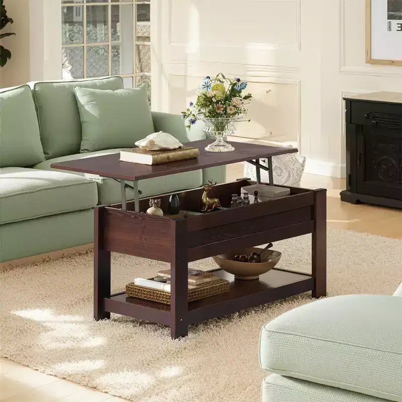 Table basse relevable avec compartiment de rangement caché et étagère, 1 personne, Espresso/Greige/Rouge-brun/Brun rustique
