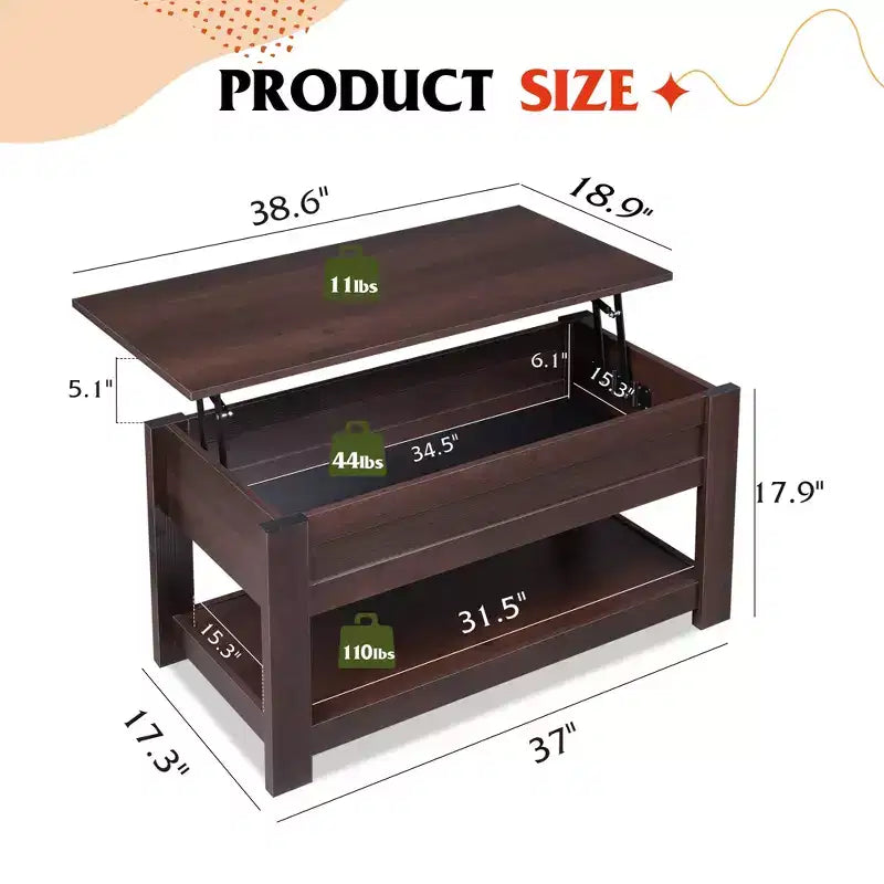 Table basse relevable avec compartiment de rangement caché et étagère, 1 personne, Espresso/Greige/Rouge-brun/Brun rustique