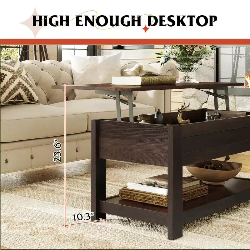 Table basse relevable avec compartiment de rangement caché et étagère, 1 personne, Espresso/Greige/Rouge-brun/Brun rustique