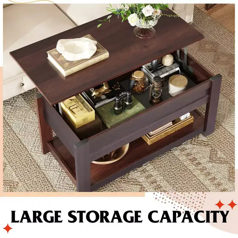 Table basse relevable avec compartiment de rangement caché et étagère, 1 personne, Espresso/Greige/Rouge-brun/Brun rustique