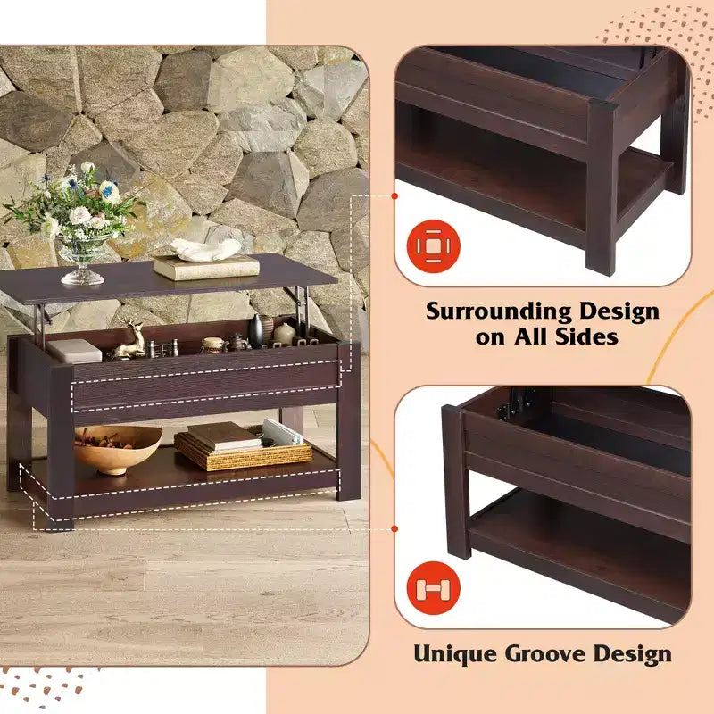 Table basse relevable avec compartiment de rangement caché et étagère, 1 personne, Espresso/Greige/Rouge-brun/Brun rustique