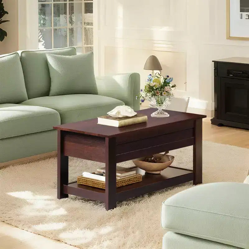 Table basse relevable avec compartiment de rangement caché et étagère, 1 personne, Espresso/Greige/Rouge-brun/Brun rustique