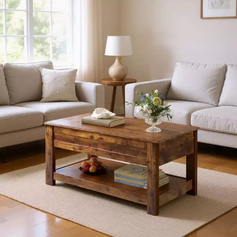 Table basse relevable avec compartiment de rangement caché et étagère, 1 personne, Espresso/Greige/Rouge-brun/Brun rustique
