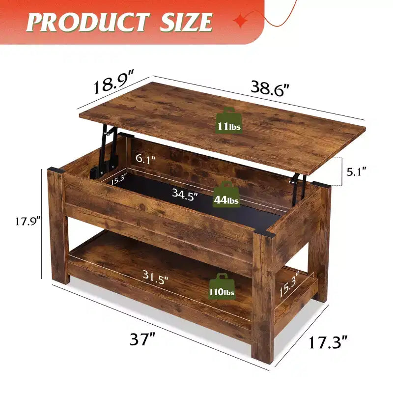 Table basse relevable avec compartiment de rangement caché et étagère, 1 personne, Espresso/Greige/Rouge-brun/Brun rustique