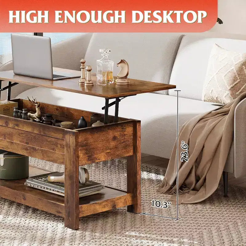 Table basse relevable avec compartiment de rangement caché et étagère, 1 personne, Espresso/Greige/Rouge-brun/Brun rustique