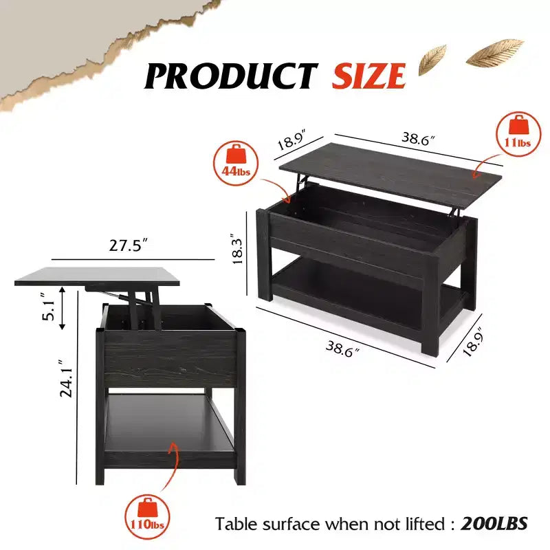 Table basse relevable avec compartiment de rangement caché et étagère, 1 personne, Espresso/Greige/Rouge-brun/Brun rustique