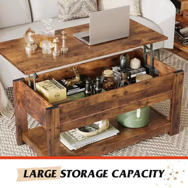 Table basse relevable avec compartiment de rangement caché et étagère, 1 personne, Espresso/Greige/Rouge-brun/Brun rustique