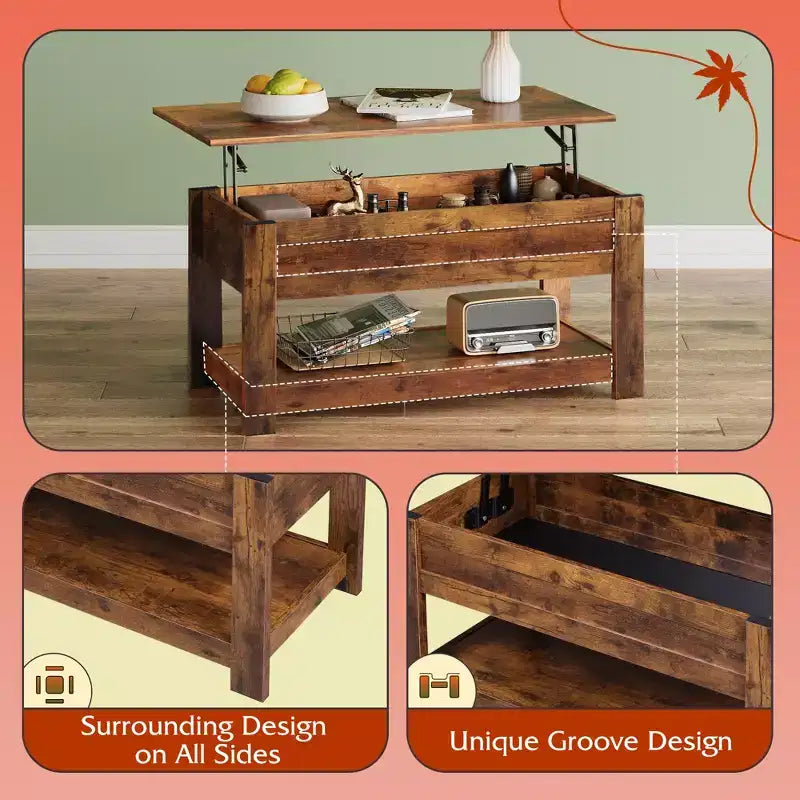 Table basse relevable avec compartiment de rangement caché et étagère, 1 personne, Espresso/Greige/Rouge-brun/Brun rustique