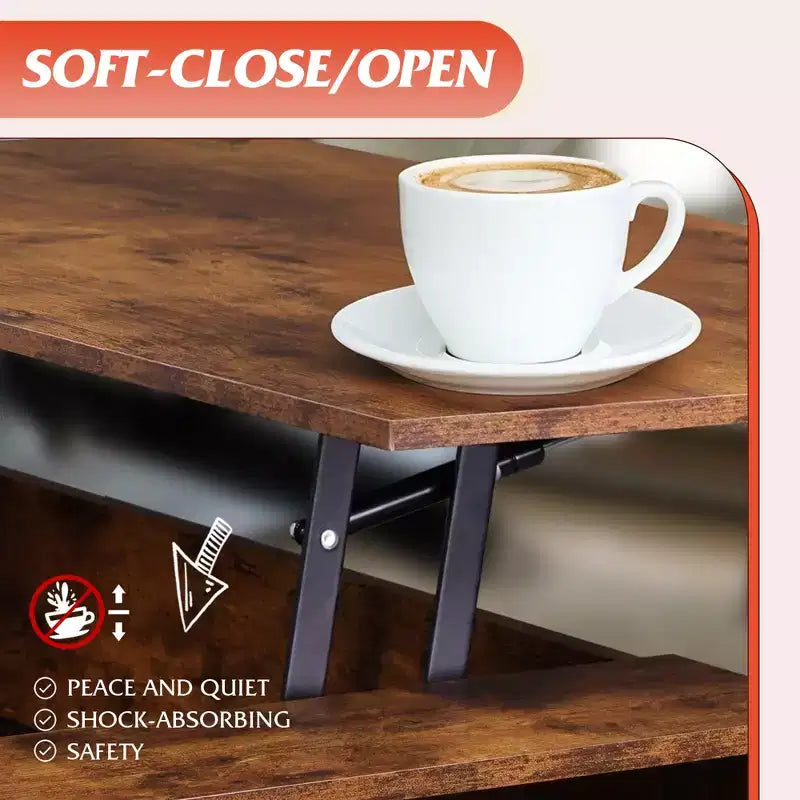 Table basse relevable avec compartiment de rangement caché et étagère, 1 personne, Espresso/Greige/Rouge-brun/Brun rustique