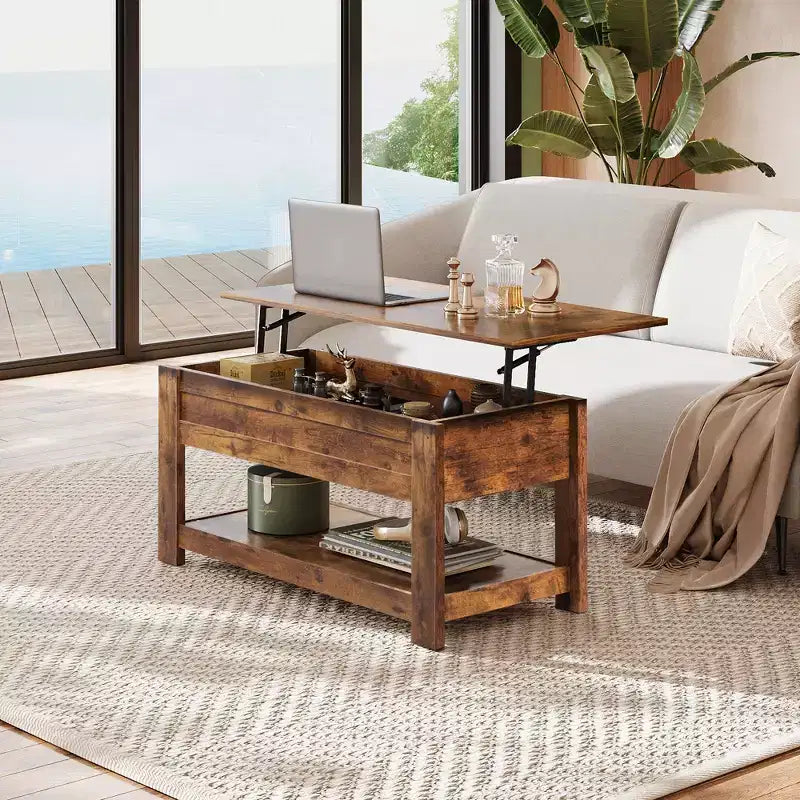Table basse relevable avec compartiment de rangement caché et étagère, 1 personne, Espresso/Greige/Rouge-brun/Brun rustique