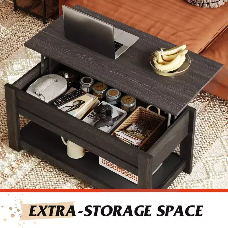 Table basse relevable avec compartiment de rangement caché et étagère, 1 personne, Espresso/Greige/Rouge-brun/Brun rustique