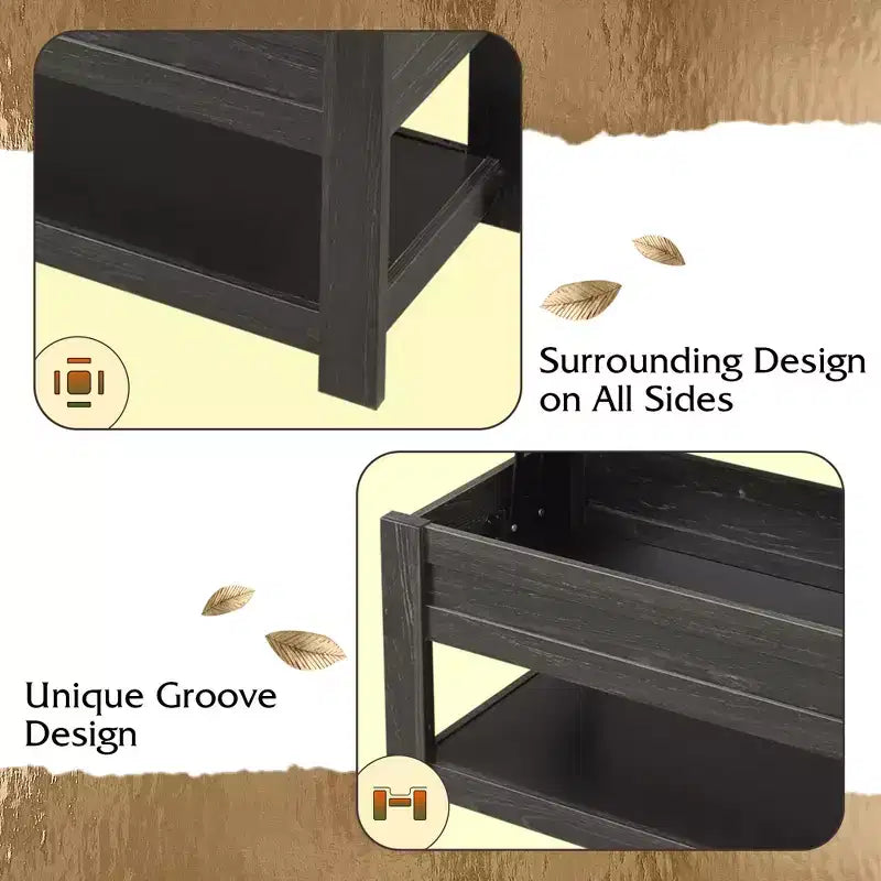 Table basse relevable avec compartiment de rangement caché et étagère, 1 personne, Espresso/Greige/Rouge-brun/Brun rustique