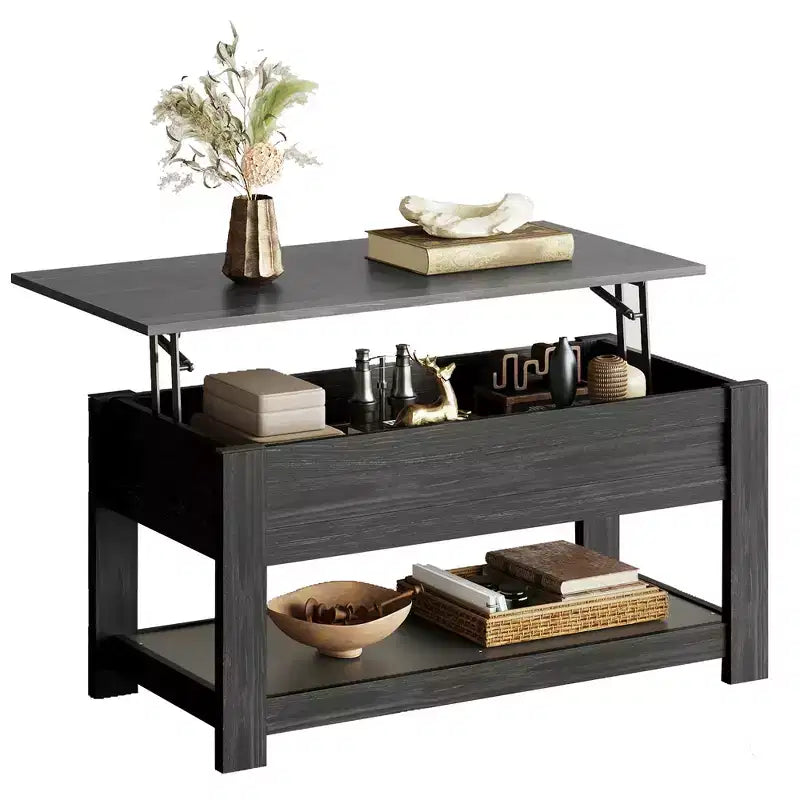 Table basse relevable avec compartiment de rangement caché et étagère, 1 personne, Espresso/Greige/Rouge-brun/Brun rustique