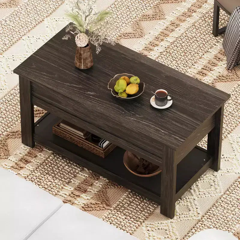 Table basse relevable avec compartiment de rangement caché et étagère, 1 personne, Espresso/Greige/Rouge-brun/Brun rustique