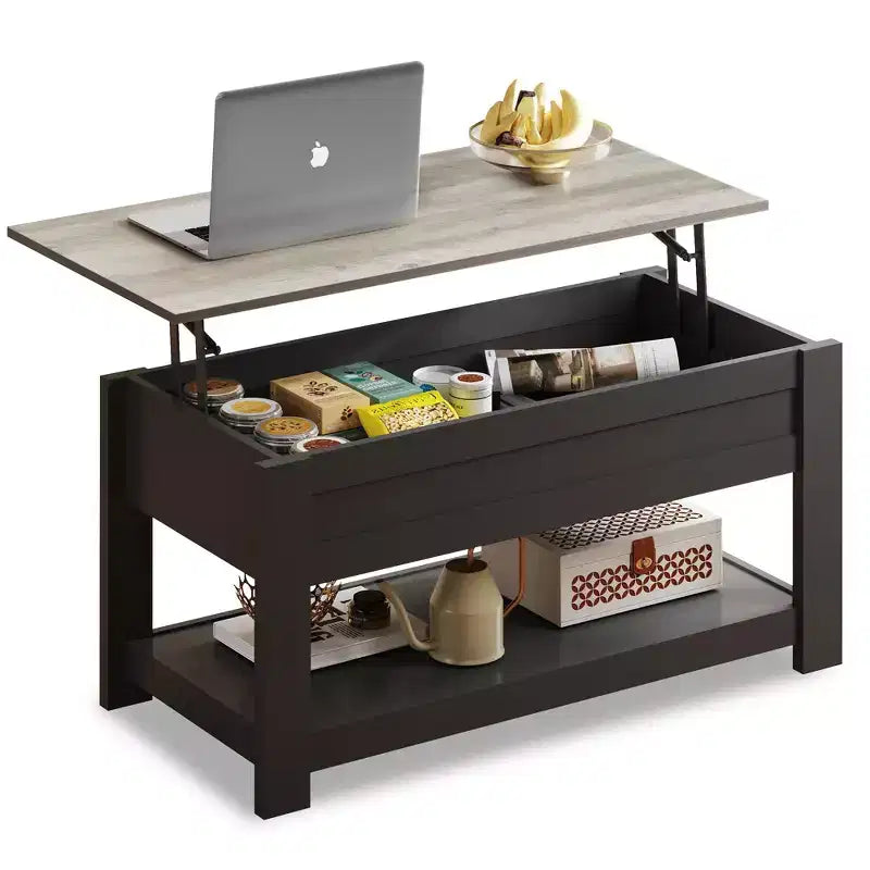 Table basse relevable avec compartiment de rangement caché et étagère, 1 personne, Espresso/Greige/Rouge-brun/Brun rustique