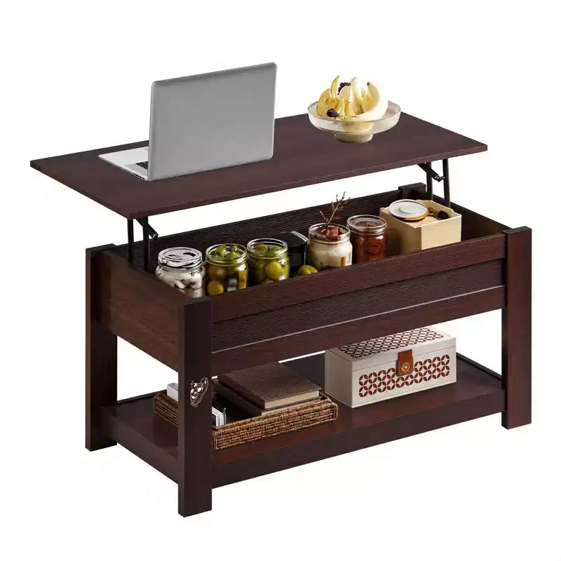 Table basse relevable avec compartiment de rangement caché et étagère, 1 personne, Espresso/Greige/Rouge-brun/Brun rustique