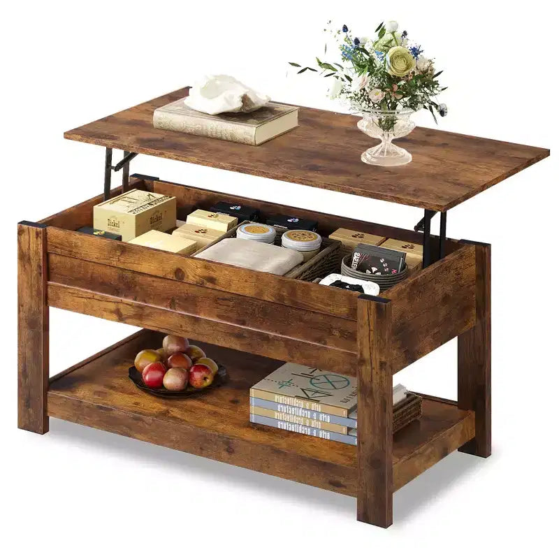 Table basse relevable avec compartiment de rangement caché et étagère, 1 personne, Espresso/Greige/Rouge-brun/Brun rustique