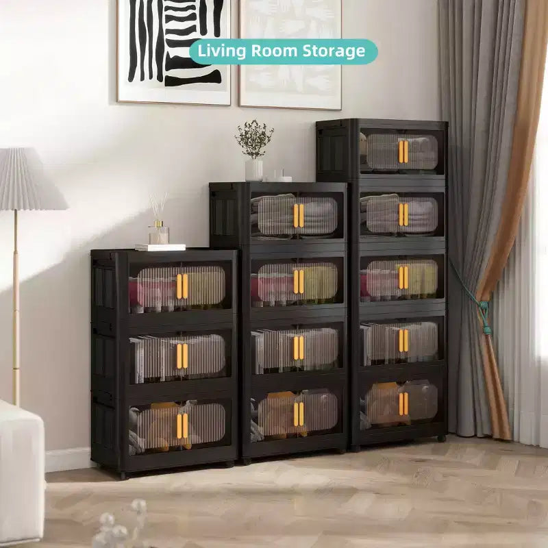 Meuble de rangement pliant noir à 3 niveaux en plastique avec porte magnétique et roulettes – 1 personne