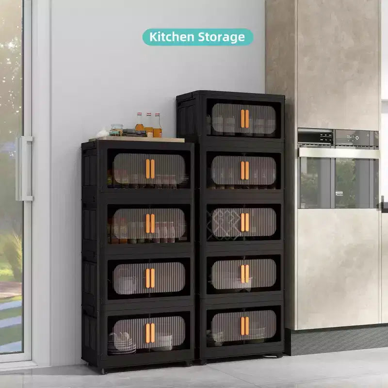 Meuble de rangement pliant noir à 3 niveaux en plastique avec porte magnétique et roulettes – 1 personne