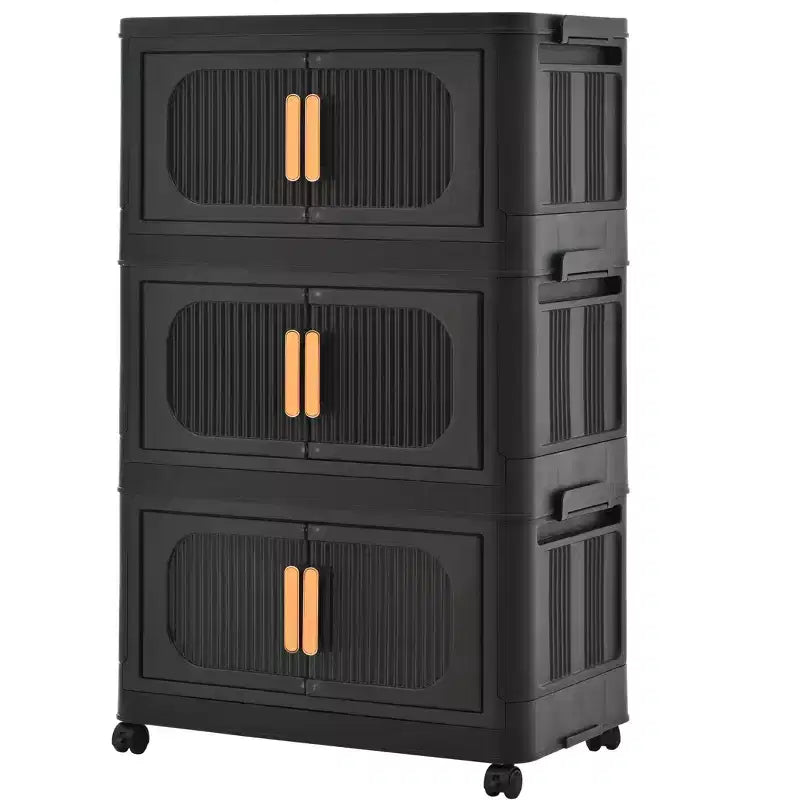 Meuble de rangement pliant noir à 3 niveaux en plastique avec porte magnétique et roulettes – 1 personne