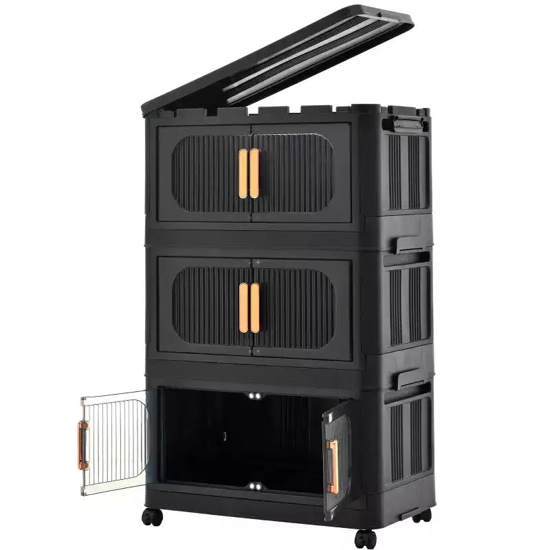 Meuble de rangement pliant noir à 3 niveaux en plastique avec porte magnétique et roulettes – 1 personne