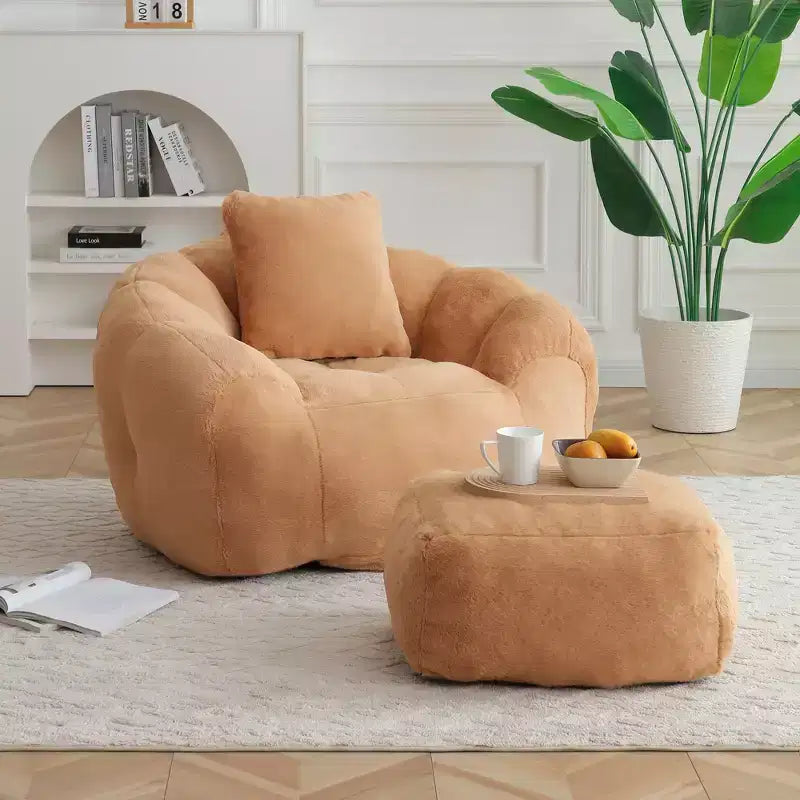 Fauteuil Poire en Fausse Fourrure en Forme de Coquillage avec Repose-pieds | Kaki / Bleu clair / Rose / Blanc / Jaune | 1 place