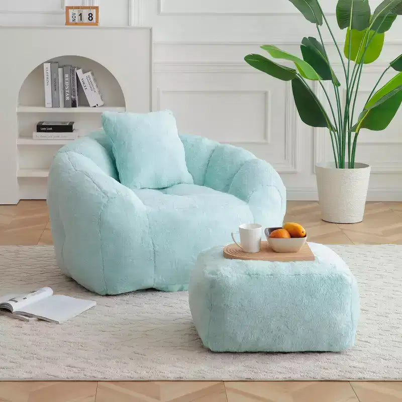 Fauteuil Poire en Fausse Fourrure en Forme de Coquillage avec Repose-pieds | Kaki / Bleu clair / Rose / Blanc / Jaune | 1 place