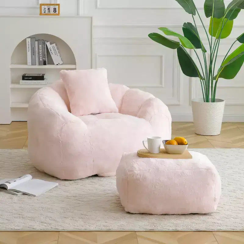 Fauteuil Poire en Fausse Fourrure en Forme de Coquillage avec Repose-pieds | Kaki / Bleu clair / Rose / Blanc / Jaune | 1 place