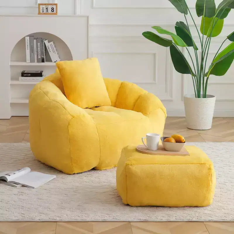 Fauteuil Poire en Fausse Fourrure en Forme de Coquillage avec Repose-pieds | Kaki / Bleu clair / Rose / Blanc / Jaune | 1 place