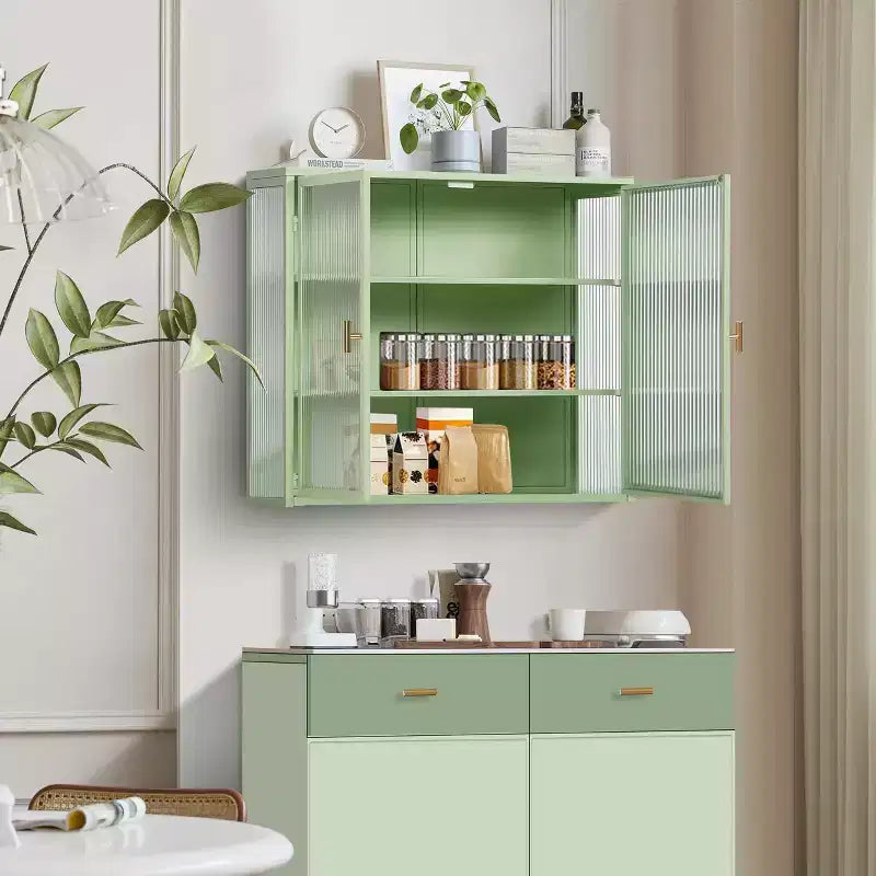 Meuble mural Noir / Vert Menthe avec double porte vitrée – 4 étagères, assemblage par une seule personne