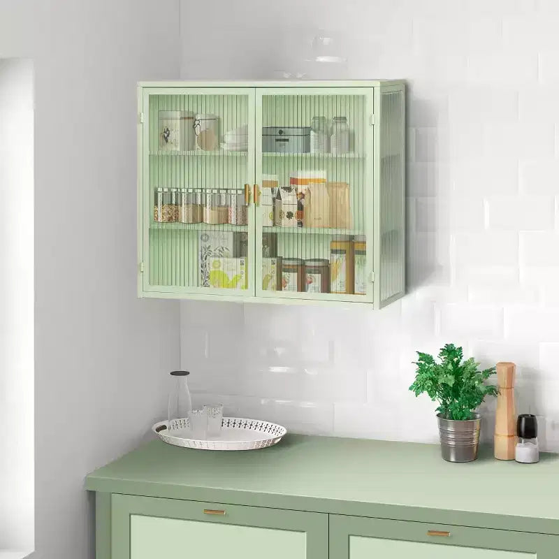 Meuble mural Noir / Vert Menthe avec double porte vitrée – 4 étagères, assemblage par une seule personne
