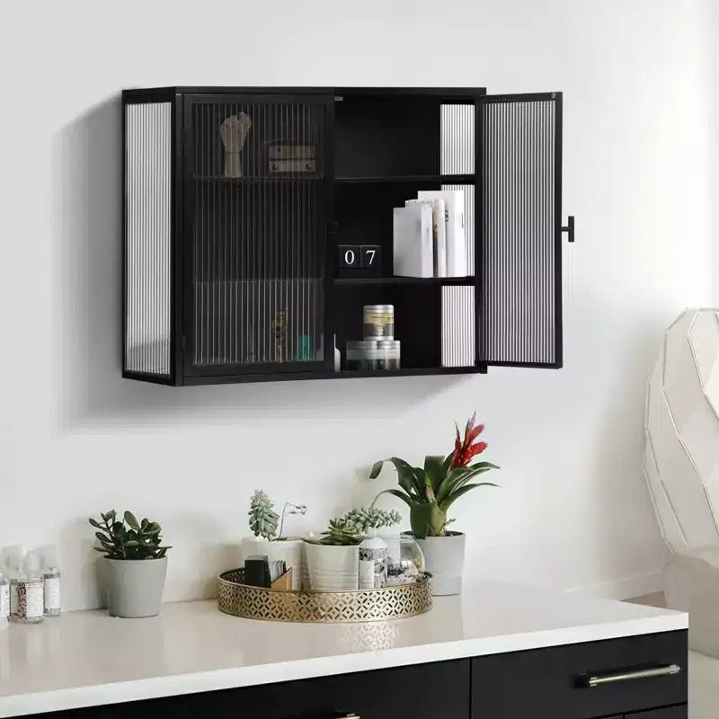Meuble mural Noir / Vert Menthe avec double porte vitrée – 4 étagères, assemblage par une seule personne