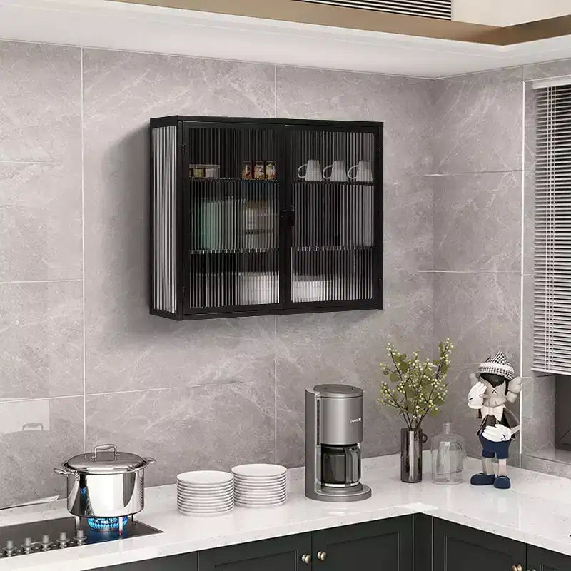 Meuble mural Noir / Vert Menthe avec double porte vitrée – 4 étagères, assemblage par une seule personne