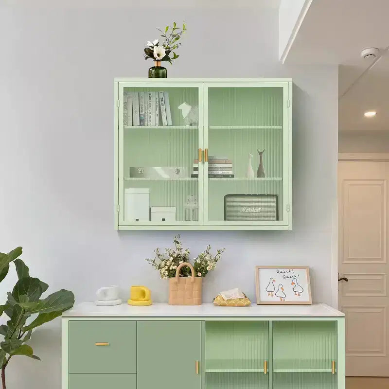 Meuble mural Noir / Vert Menthe avec double porte vitrée – 4 étagères, assemblage par une seule personne