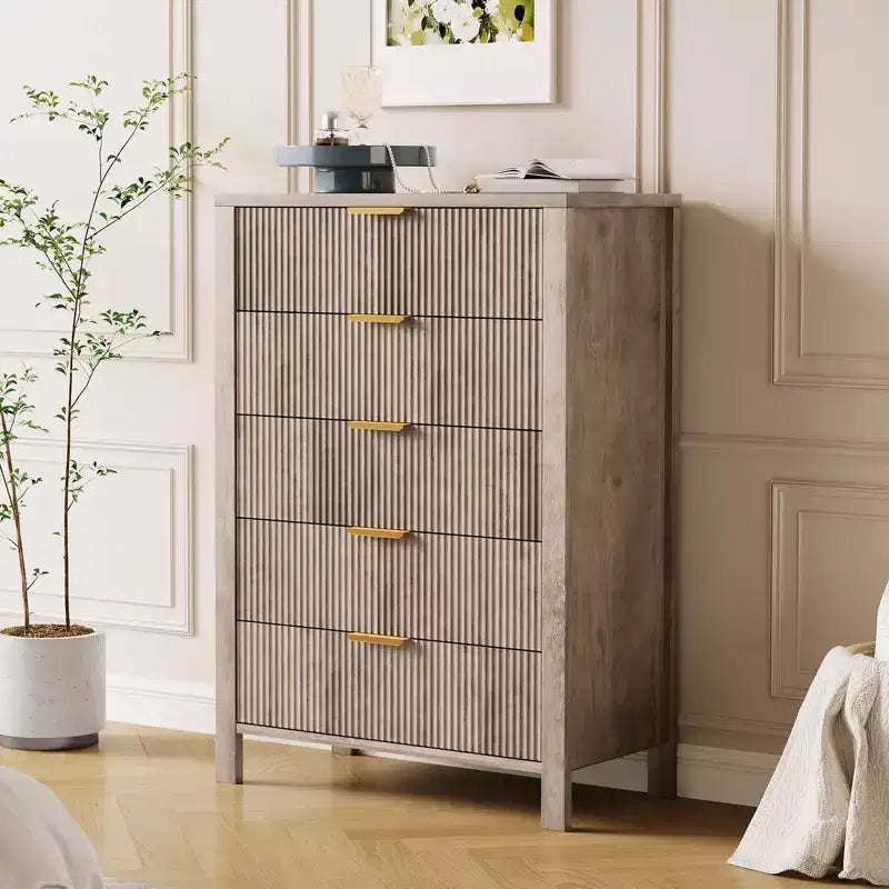 Commode à 5 tiroirs cannelés en chêne / chêne et frêne – Commode haute et étroite pour 1 personne, 80 cm (l) x 114 cm (H)