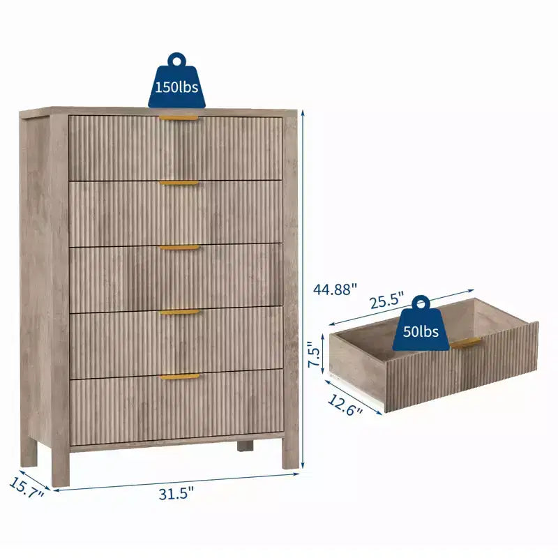 Commode à 5 tiroirs cannelés en chêne / chêne et frêne – Commode haute et étroite pour 1 personne, 80 cm (l) x 114 cm (H)