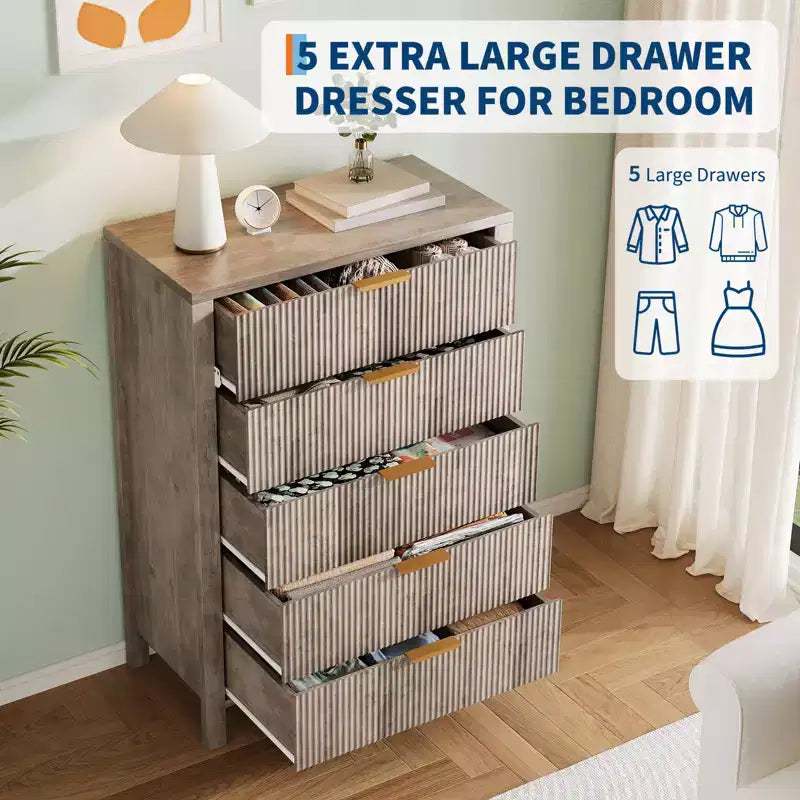 Commode à 5 tiroirs cannelés en chêne / chêne et frêne – Commode haute et étroite pour 1 personne, 80 cm (l) x 114 cm (H)