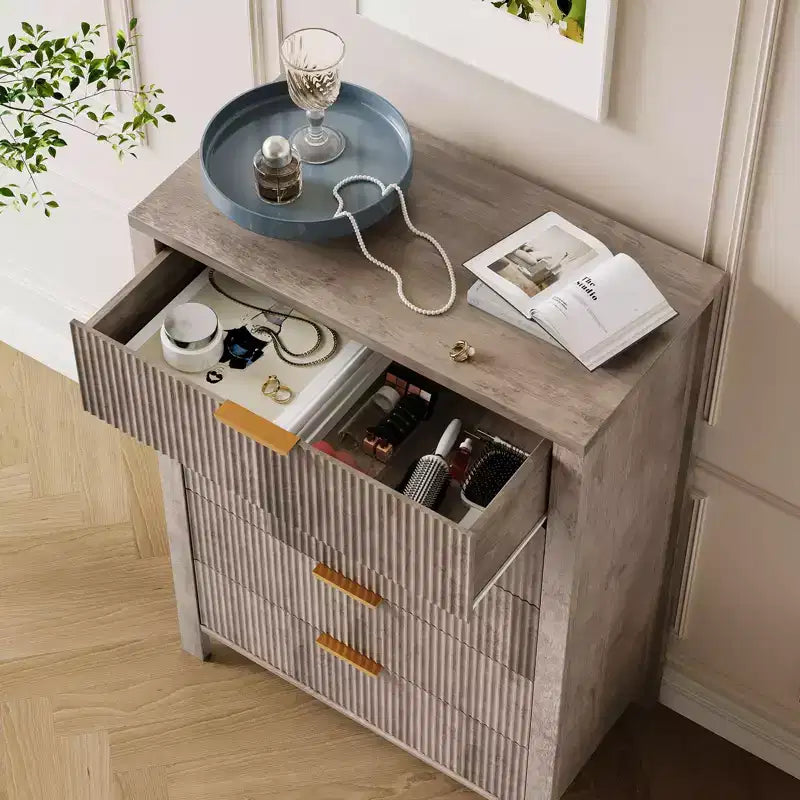 Commode à 5 tiroirs cannelés en chêne / chêne et frêne – Commode haute et étroite pour 1 personne, 80 cm (l) x 114 cm (H)