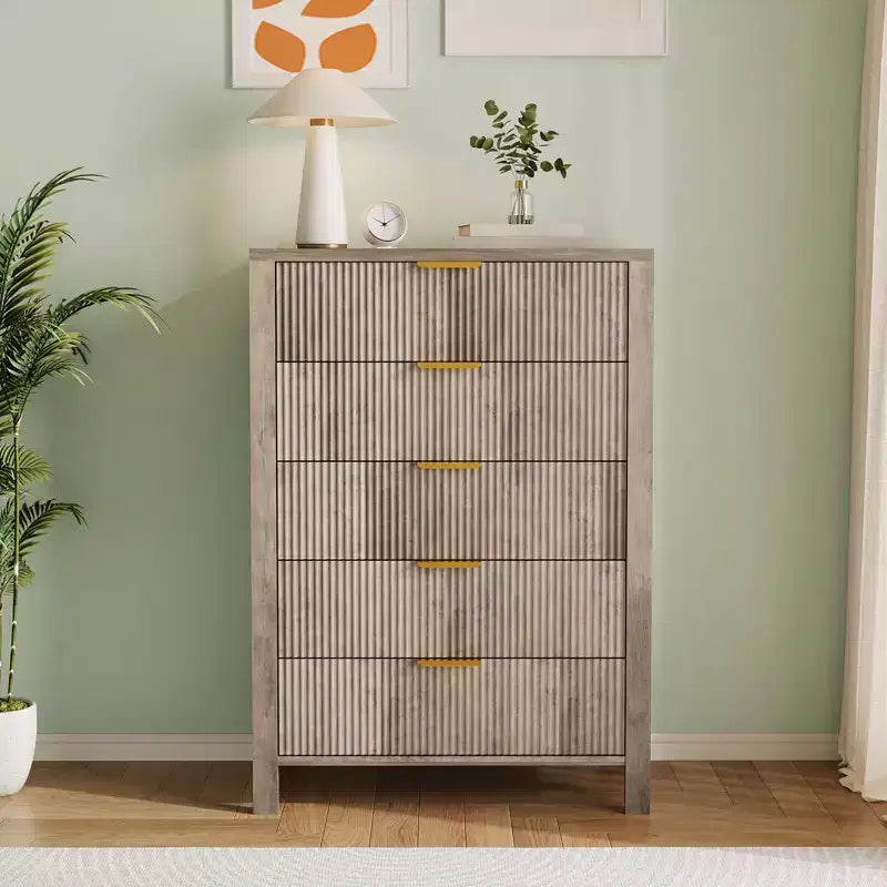 Commode à 5 tiroirs cannelés en chêne / chêne et frêne – Commode haute et étroite pour 1 personne, 80 cm (l) x 114 cm (H)