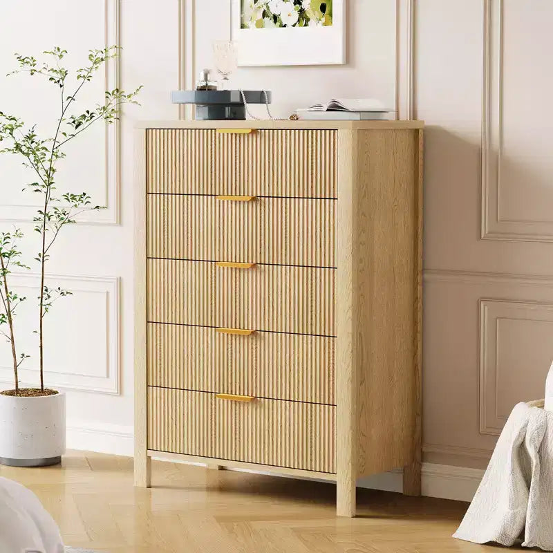 Commode à 5 tiroirs cannelés en chêne / chêne et frêne – Commode haute et étroite pour 1 personne, 80 cm (l) x 114 cm (H)