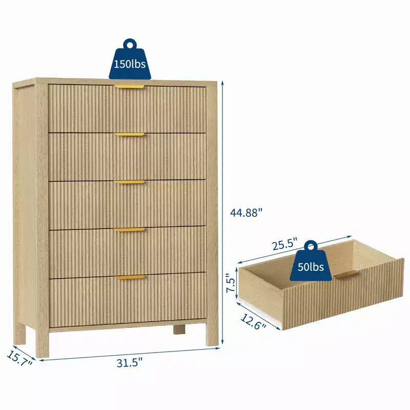 Commode à 5 tiroirs cannelés en chêne / chêne et frêne – Commode haute et étroite pour 1 personne, 80 cm (l) x 114 cm (H)